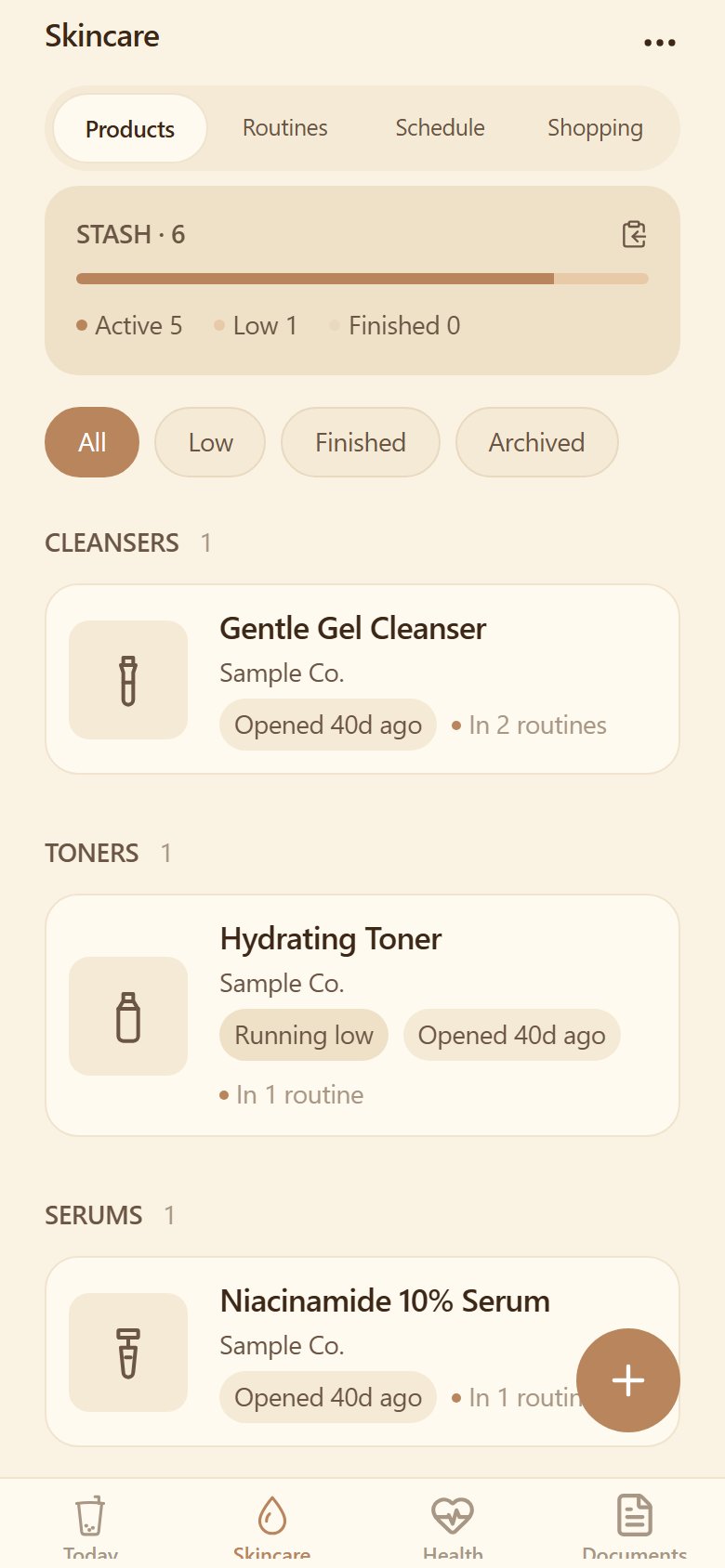 Kyumi's product shelf: a stash summary, filters and product cards grouped by category.