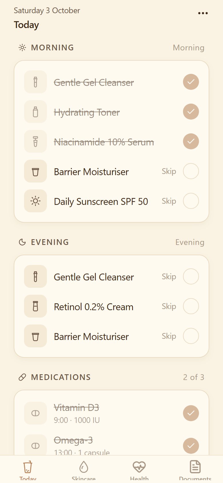 Kyumi's Today screen: morning and evening skincare steps with check-offs, and the day's medications.