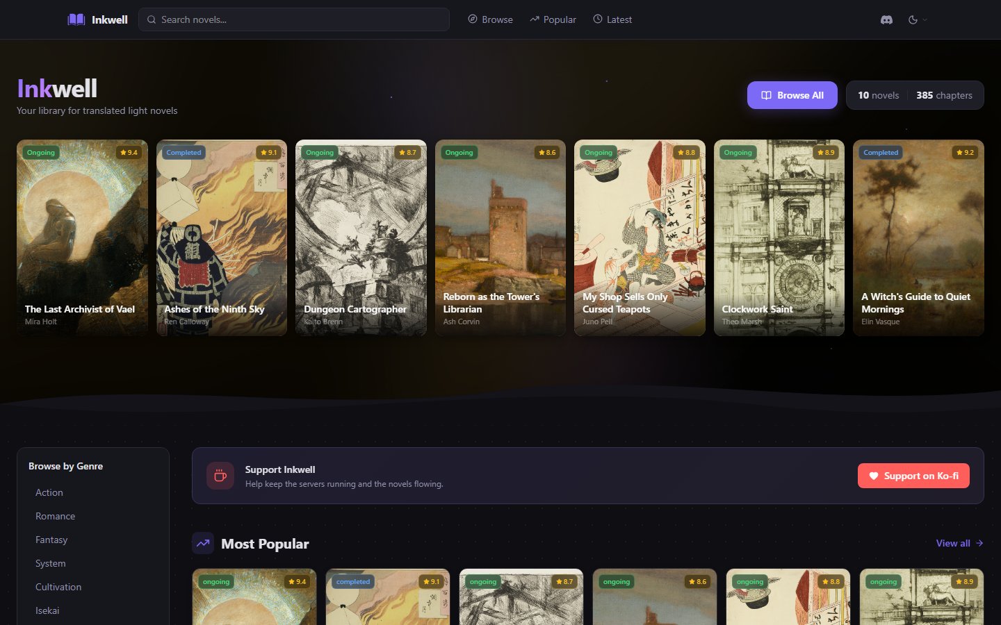 Reading platform home page: a shelf of novel covers with status and rating badges.